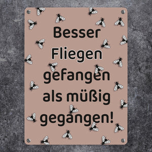 Fliege Metallschild in 15x20 cm mit Spruch Besser Fliegen fangen als faulenzen