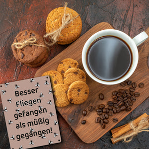 Fliege Metallschild in 15x20 cm mit Spruch Besser Fliegen fangen als faulenzen