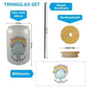 Jelly & Friends Qualle Trinkglas mit Bambusdeckel mit Spruch Mit Fantasie ist alles möglich