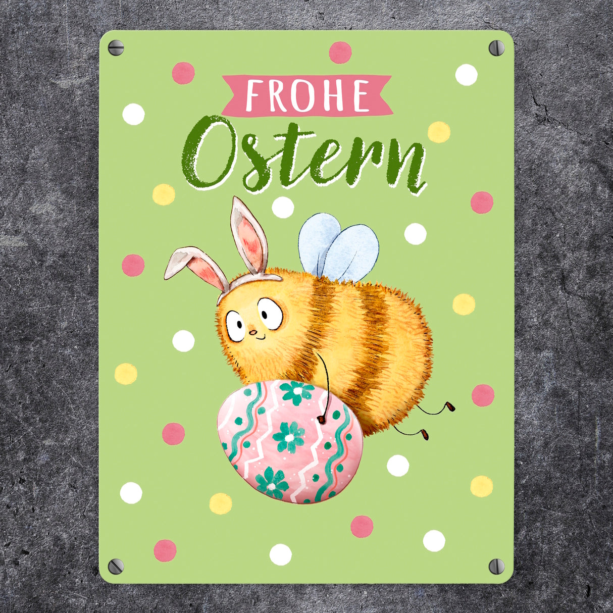 Pummel Biene Metallschild in 15x20 cm mit Spruch Frohe Ostern