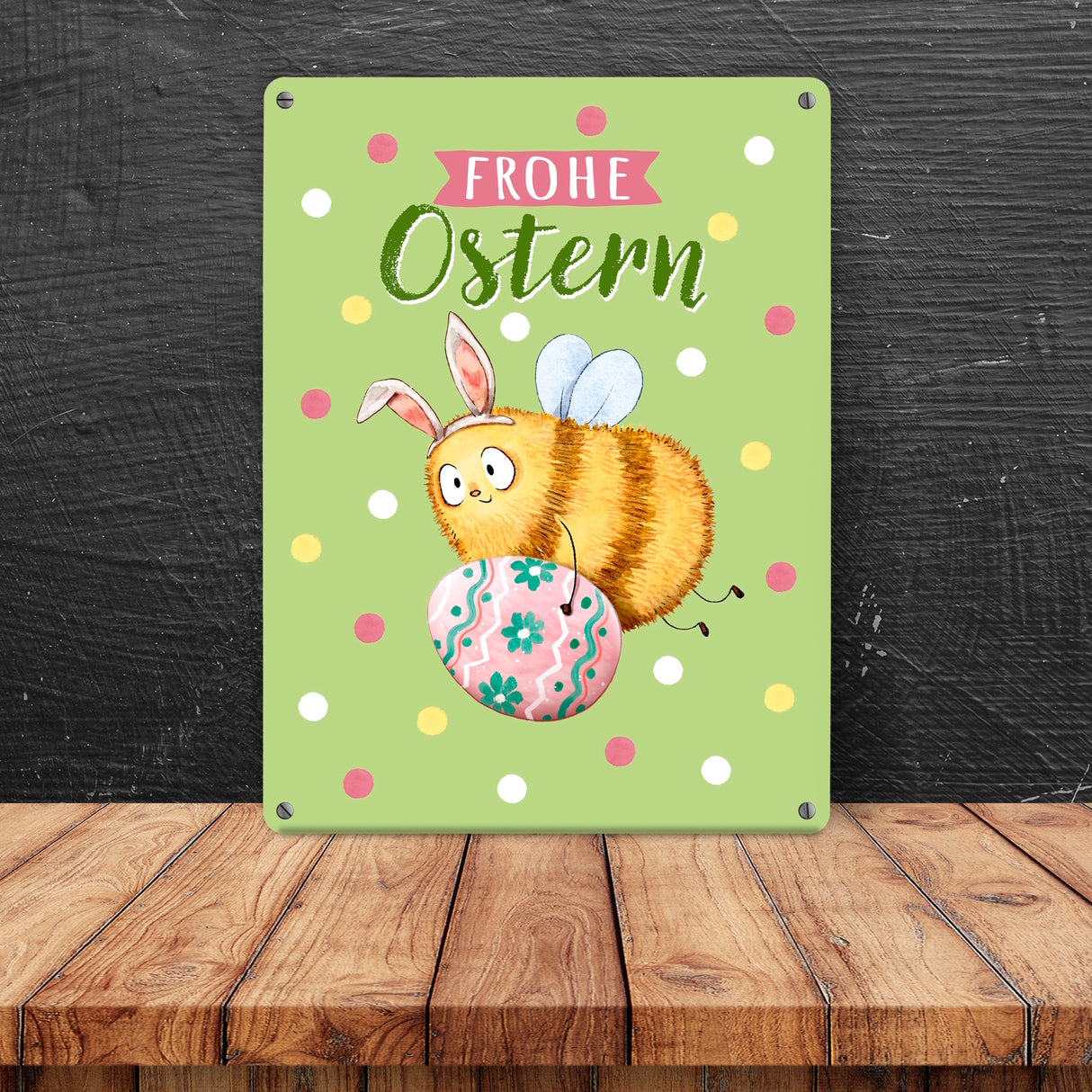 Pummel Biene Metallschild in 15x20 cm mit Spruch Frohe Ostern