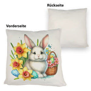 Osterhase neben Osterkorb Kissen