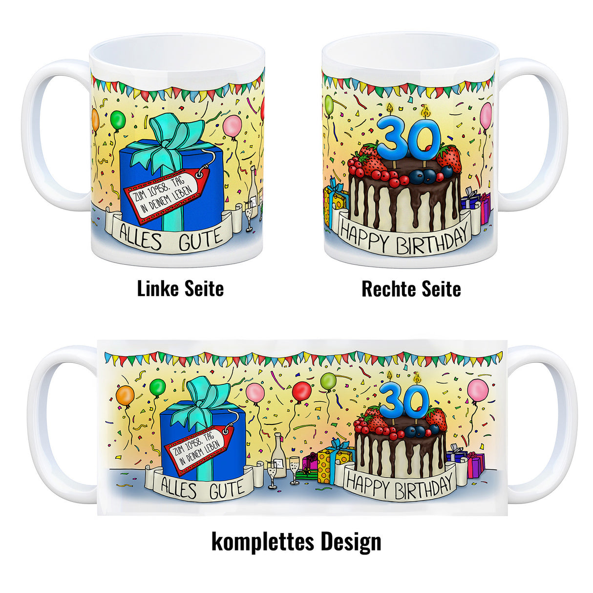 30. Geburtstag Tasse mit Kuchen und Geschenk und Anhänger: zum 10958. Tag