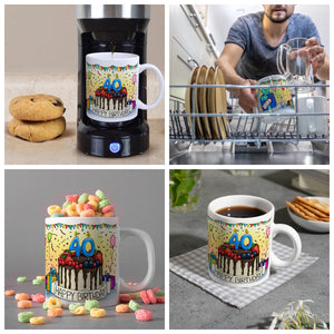 40. Geburtstag Tasse mit Kuchen und Geschenk und Anhänger: zum 14610. Tag