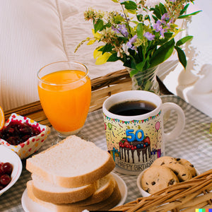 50. Geburtstag Tasse mit Kuchen und Geschenk und Anhänger: zum 18263. Tag