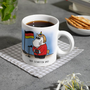 Honeycorns Kaffeebecher mit Einhorn Motiv und Spruch: Wir schaffen das!