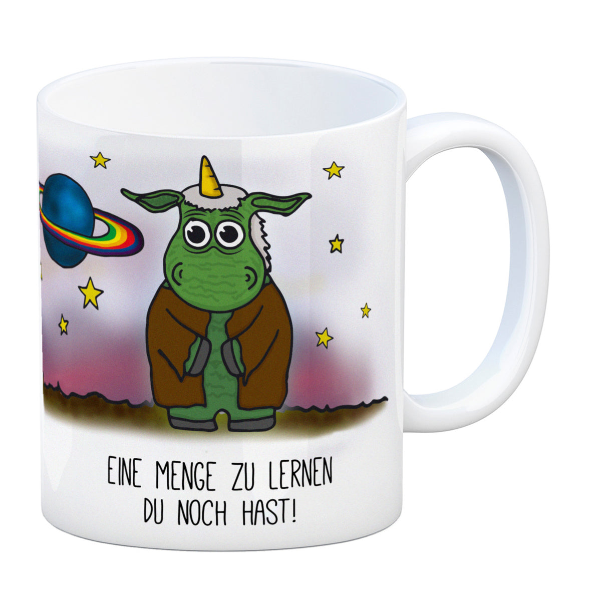 Honeycorns Kaffeebecher mit Weltraum Einhorn Motiv und Spruch: Eine Menge zu lernen ...