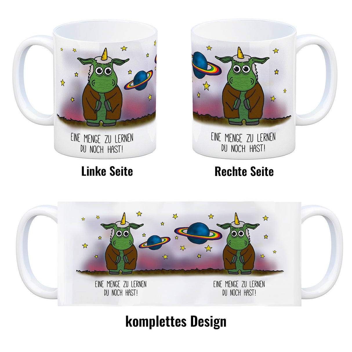 Honeycorns Kaffeebecher mit Weltraum Einhorn Motiv und Spruch: Eine Menge zu lernen ...