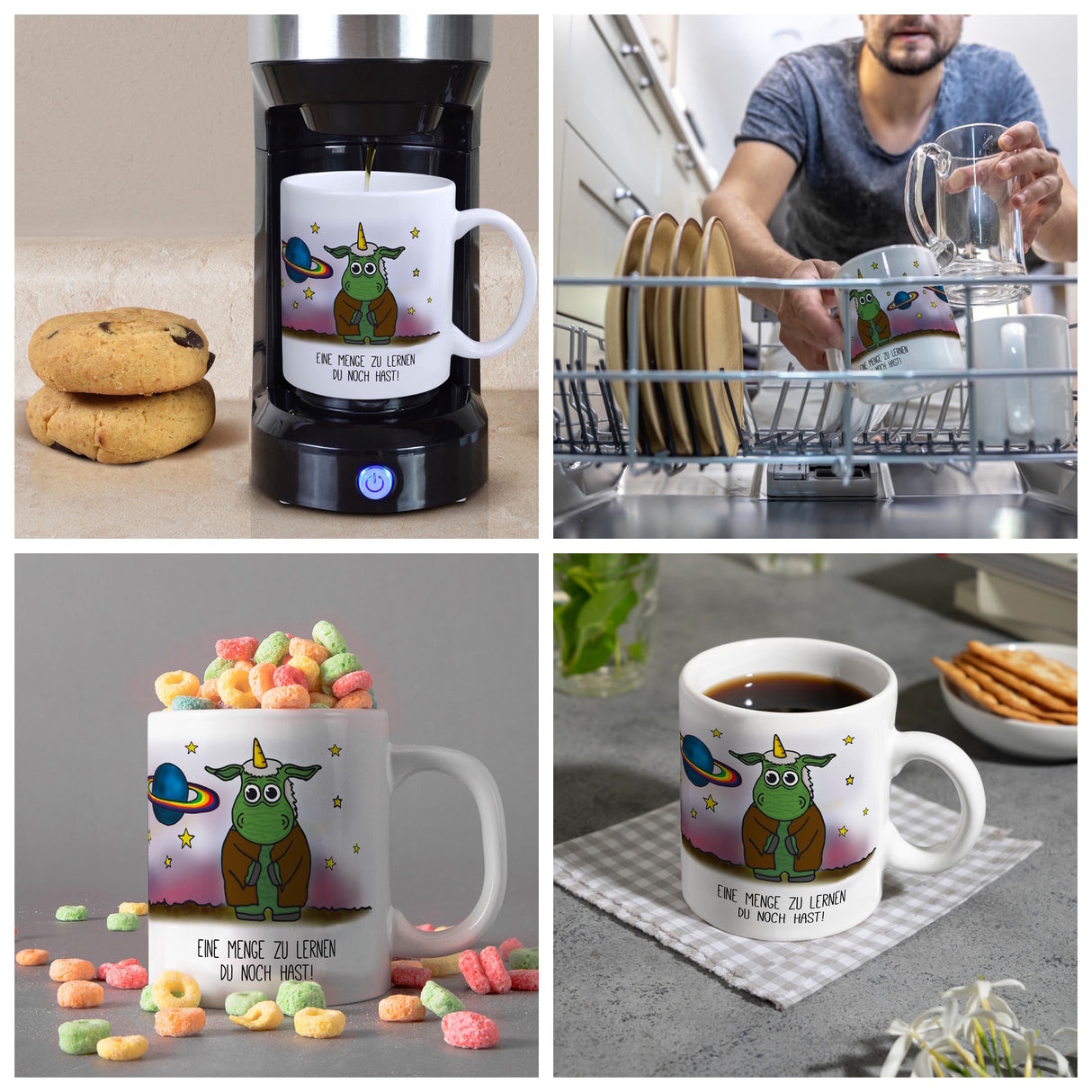 Honeycorns Kaffeebecher mit Weltraum Einhorn Motiv und Spruch: Eine Menge zu lernen ...