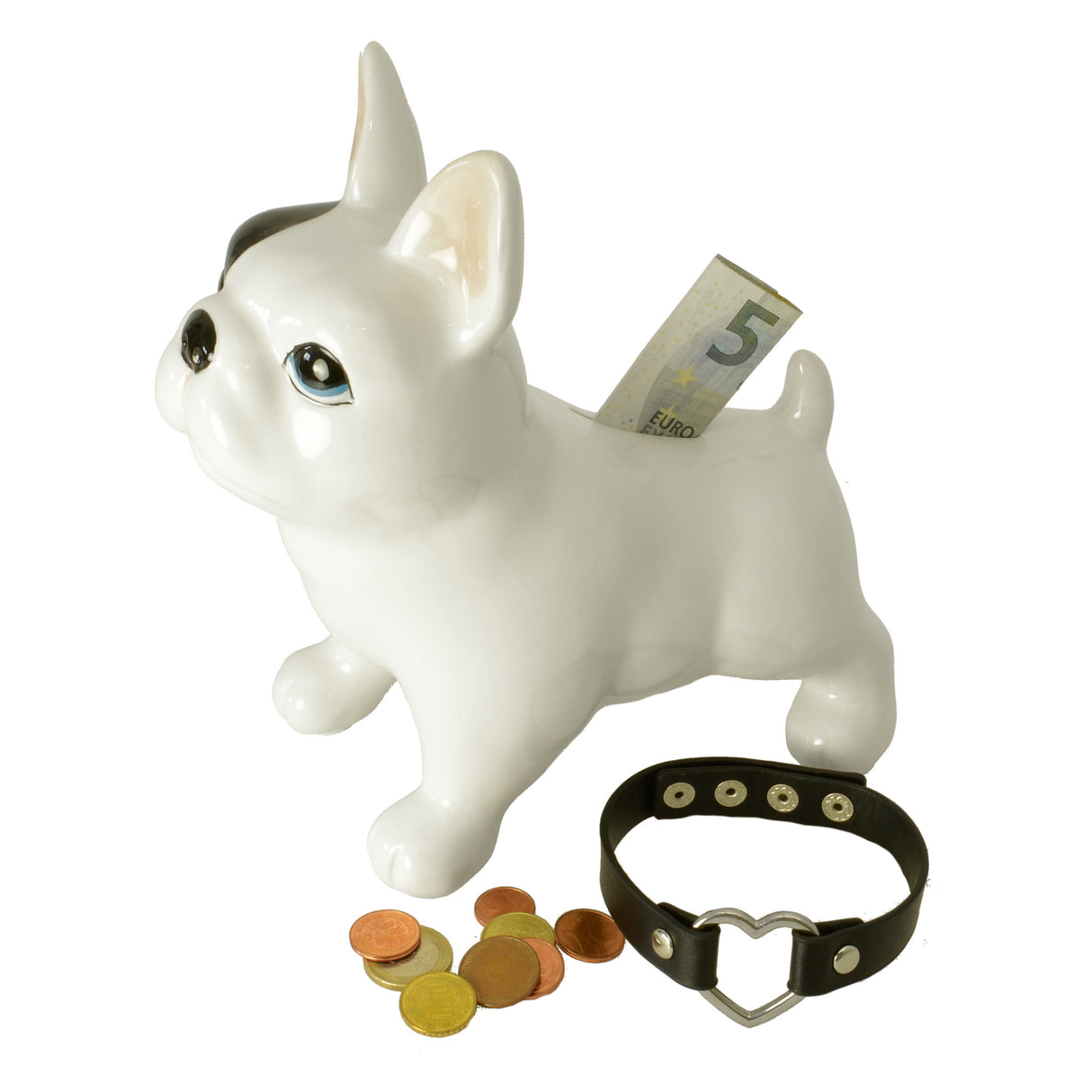 Französische Bulldogge Spardose mit Herz-Halsband